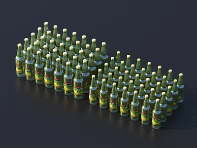 Large Collection of Green Glass Bottles Neatly Arranged on Dark Background Surface 3d model