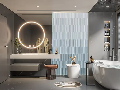 Modern Bathroom Interior With Round Backlit Mirror Blue Striped Tiles And Bathtub 3d model
