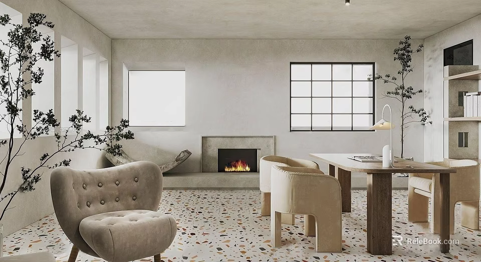 Modern Restaurant Interior With Beige Furniture Wooden Dining Table Fireplace And Colorful Terrazzo Floor 3d model 