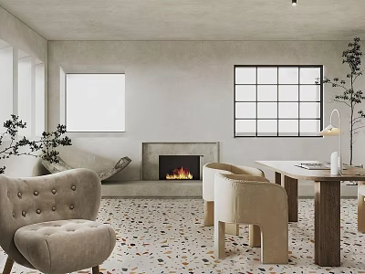 Modern Restaurant Interior With Beige Furniture Wooden Dining Table Fireplace And Colorful Terrazzo Floor 3d model