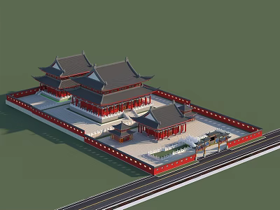 Traditional Chinese Ancient Architecture with Classic Roofs Red Walls and Courtyard 3d model