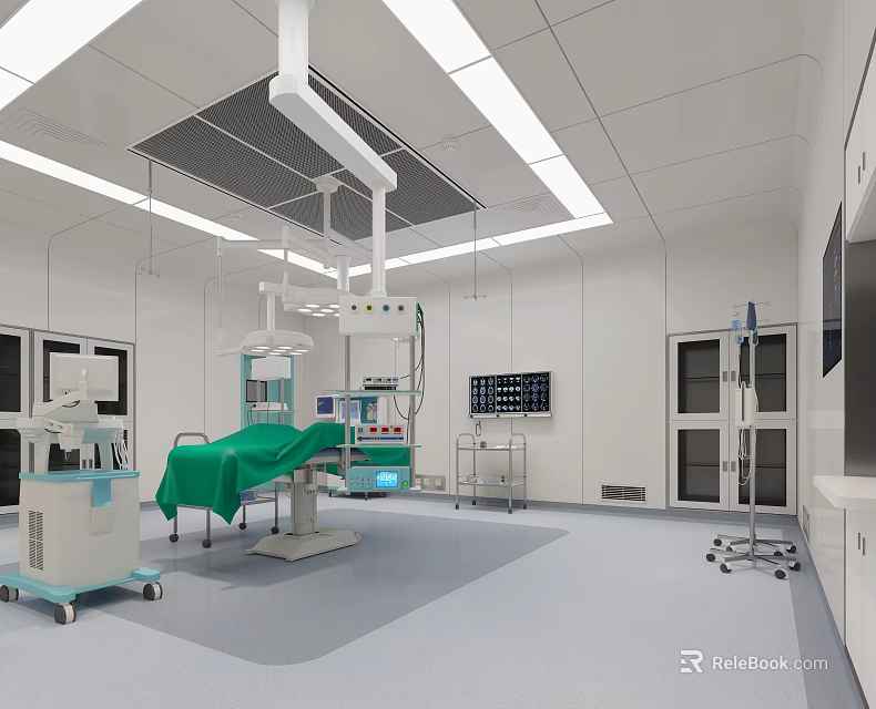 Modern Operating Room Interior With Surgical Table Lights Medical Equipment And Cabinets 3d model 