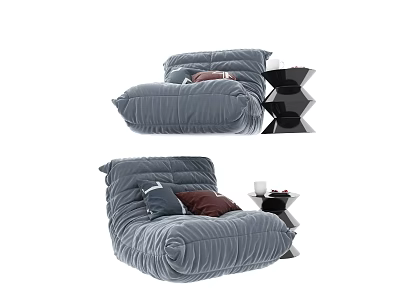 Gray Bean Bag Chair with Soft Pillows and Modern Side Table 3d model