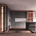 Modern Kitchen Interior With Gray Cabinets Rose Gold Accents And Black Countertop