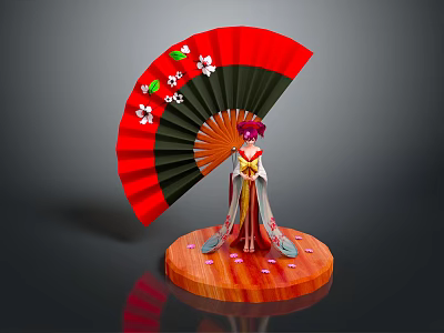 Red Fan With White Flowers Green Leaves Featuring Figurine In Traditional Attire On Wooden Base 3d model
