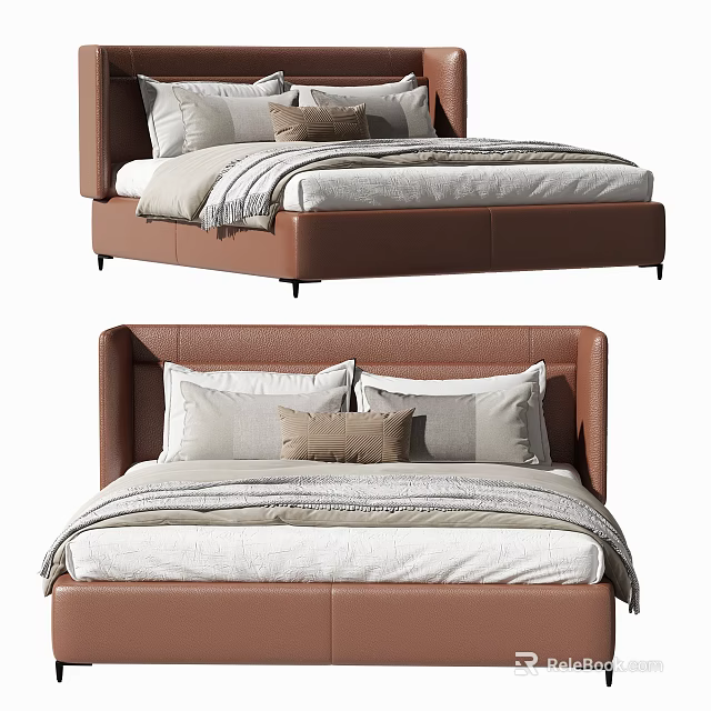 Modern Brown Leather Double Bed With Soft Pillows And Neutral Bedding 3d model