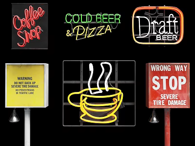 Modern Coffee Shop Furniture With Neon Signs And Interior Decor Elements 3d model