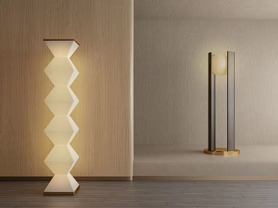 White Black Gold Floor Lamps With Geometric Design Cylindrical Shade And Warm Lighting 3d model
