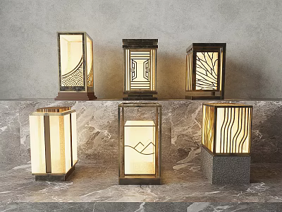 Chinese Style Outdoor Lanterns with Wooden Metal Frames Stone Bases and Decorative Patterns 3d model