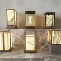 Chinese Style Outdoor Lanterns with Wooden Metal Frames Stone Bases and Decorative Patterns
