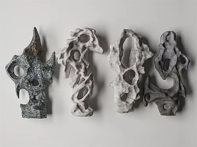 Stone and Wood Abstract Sculptures with Intricate Holes and Textures Displayed on White Background 3d model
