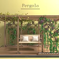 Wooden Pergola With Green Vines Grape Clusters And Bench On Wooden Floor