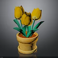 Yellow Tulips In Terracotta Pot With Green Leaves And Red Soil
