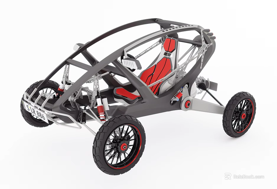 Open Frame Off Road Car With Black Chassis Red Seats And Large Wheels 3d model 
