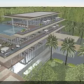 Modern Sales Office Building With Glass Facade Rooftop Pool And Palm Trees