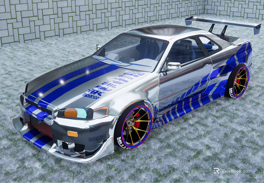Silver Modified Sports Car With Blue Stripes Rear Spoiler And Stylish Wheels 3d model 