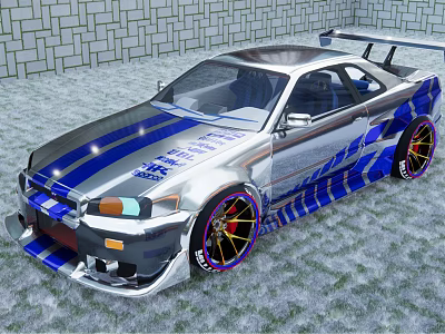 Silver Modified Sports Car With Blue Stripes Rear Spoiler And Stylish Wheels 3d model