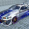 Silver Modified Sports Car With Blue Stripes Rear Spoiler And Stylish Wheels