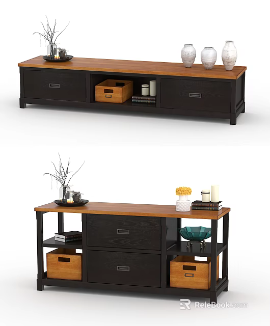 Functional TV Stand with Dark Frame Wooden Top Storage Drawers Open Shelves and Decorative Accents 3d model 