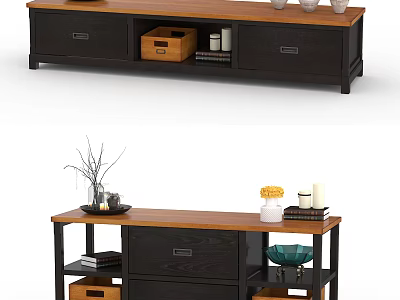 Functional TV Stand with Dark Frame Wooden Top Storage Drawers Open Shelves and Decorative Accents 3d model