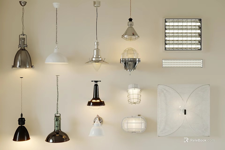Modern Assorted Lighting Fixtures Including Pendant Wall And Grid Ceiling Lights 3d model
