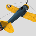 Blue and Yellow Vintage Biplane Fighter Aircraft with U.S. Star Insignia and American Flag Tail