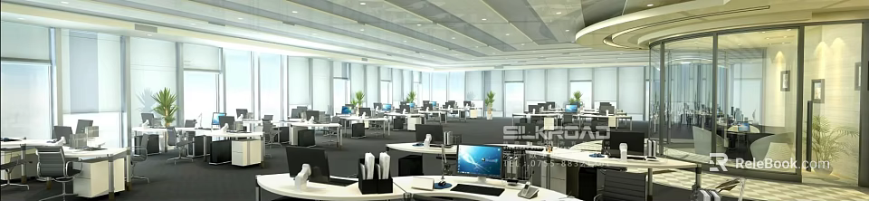 Modern Public Office Space With Open Plan Workstations Computers Green Plants And Natural Light 3d model 