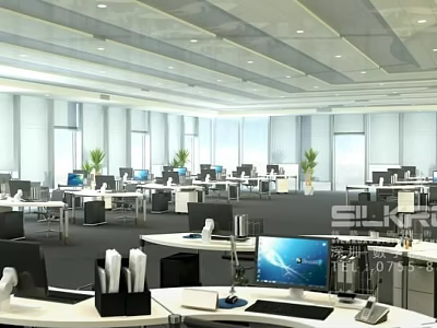 Modern Public Office Space With Open Plan Workstations Computers Green Plants And Natural Light 3d model