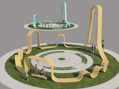 Public Square Landscape with Yellow Blue Curved Play Structures Circular Lawn and People Enjoying Playtime 3d model