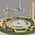 Public Square Landscape with Yellow Blue Curved Play Structures Circular Lawn and People Enjoying Playtime