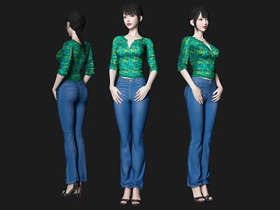Woman In Green Patterned Top And Blue Jeans With Black High Heels From Multiple Angles 3d model