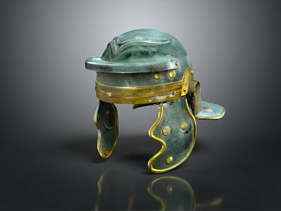 Ancient Decorative Helmet With Green And Gold Finish Ornate Cheek Guards And Riveted Details 3d model