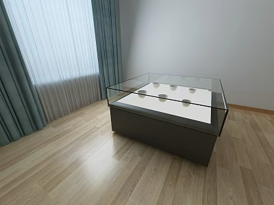 Display Showcase Shelf with Glass Top Dark Base and Display Items on Wooden Floor 3d model