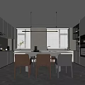 Modern Open Plan Kitchen Dining Room Interior With Cabinets Dining Table Chairs And Hanging Lights