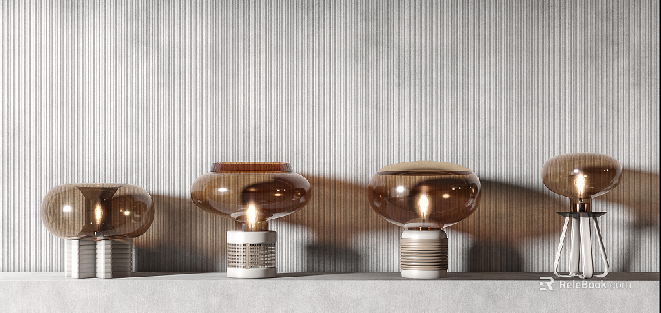 Illuminated Table Lamps With Brown Transparent Shades And White Striped Bases On Grey Striped Wall 3d model 