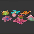 Colorful Lotus Flowers With Blooming Petals In Orange Blue Yellow Pink On Black Background
