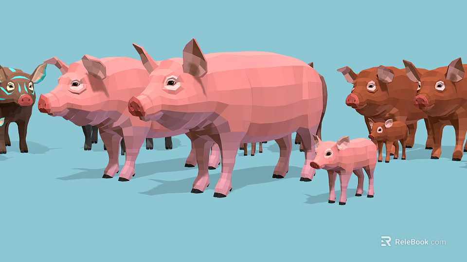 Low Poly Style Pigs In Various Sizes And Colors Standing On Light Blue Background 3d model 