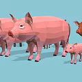 Low Poly Style Pigs In Various Sizes And Colors Standing On Light Blue Background