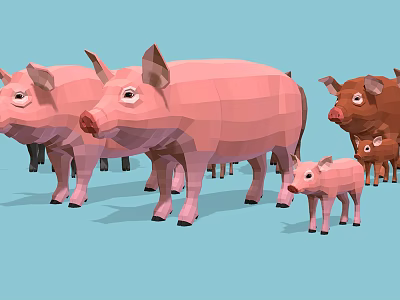 Low Poly Style Pigs In Various Sizes And Colors Standing On Light Blue Background 3d model