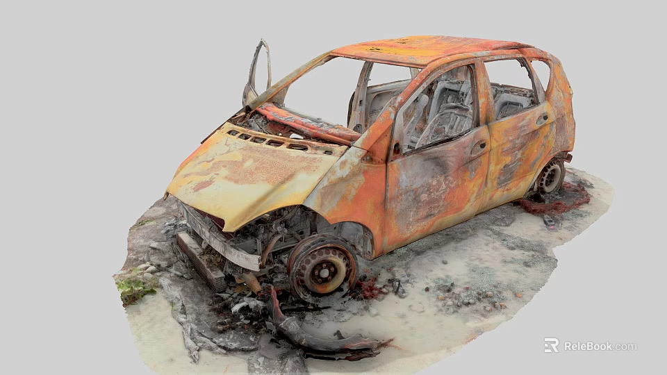 Burnt Rusted Orange Car With Open Doors Ash Around And Damaged Parts 3d model 
