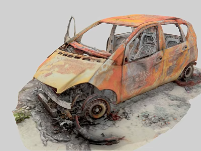 Burnt Rusted Orange Car With Open Doors Ash Around And Damaged Parts 3d model