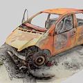 Burnt Rusted Orange Car With Open Doors Ash Around And Damaged Parts