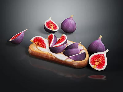 Fresh Ripe Whole and Sliced Figs Arranged on Bread on Dark Reflective Surface 3d model