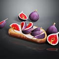 Fresh Ripe Whole and Sliced Figs Arranged on Bread on Dark Reflective Surface