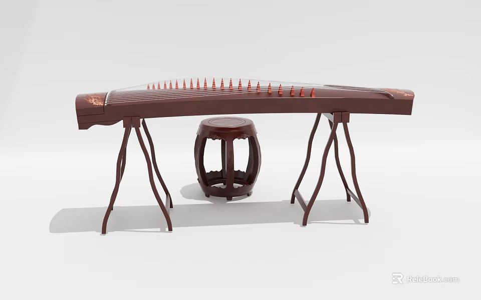 Traditional Dark Wood Chinese Zither with Sturdy Stand and Matching Small Round Stool 3d model 