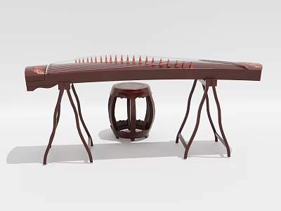 Traditional Dark Wood Chinese Zither with Sturdy Stand and Matching Small Round Stool 3d model