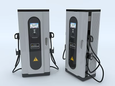 Dual Modern Electric Vehicle Chargers With Digital Display And Charging Cables 3d model