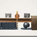 Modern Reception Desk Design With Wooden Countertop Honeycomb Base Dual Monitors And Decorative Vase