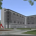 Modern Office Building With Glass Curtain Wall Trees And Water Feature