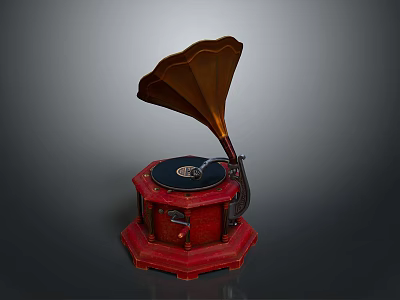 Vintage Phonograph With Red Octagonal Base And Brass Horn Classic Home Decor 3d model